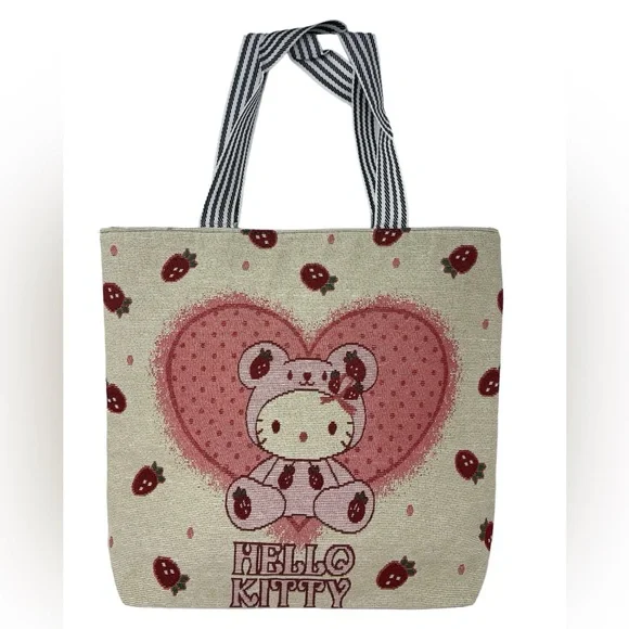 Hello Kitty Large Tote Bag Strawberry Heart Teddy Bear New - Picture 1 of 7